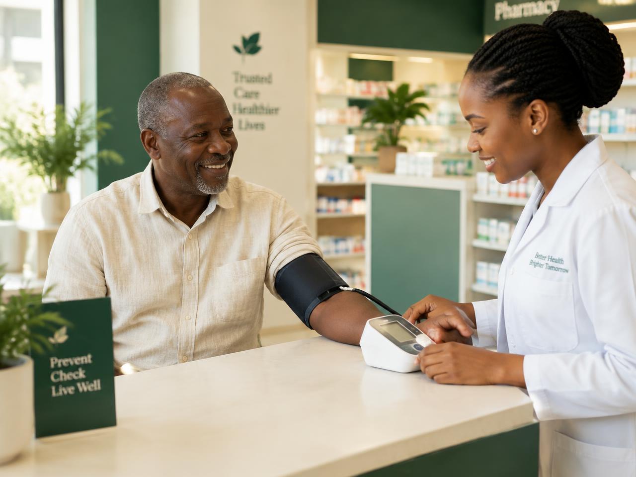Une patiente ouest-africaine mesure sa tension avec un professionnel de santé