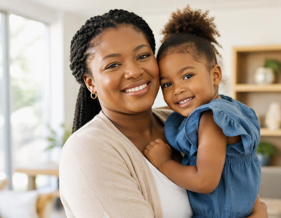 Une mère et sa fille sourient à la maison