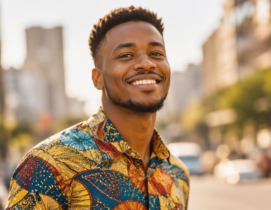 Un jeune homme souriant, confiant, dans la rue